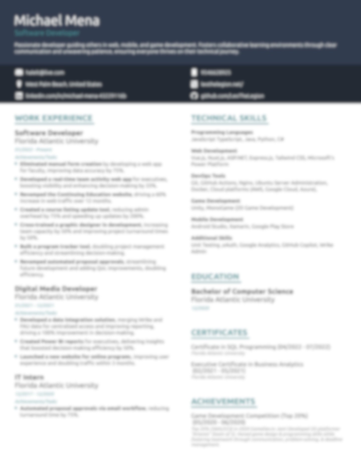 Blurred preview of Michael Mena's resume